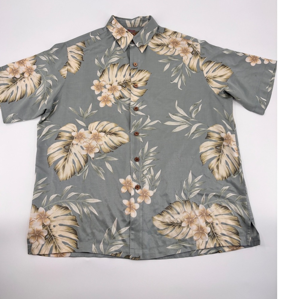 Caribbean Mens Silk Cotton Tropical Floral Print Shirt Sage Green L - Picture 3 of 9